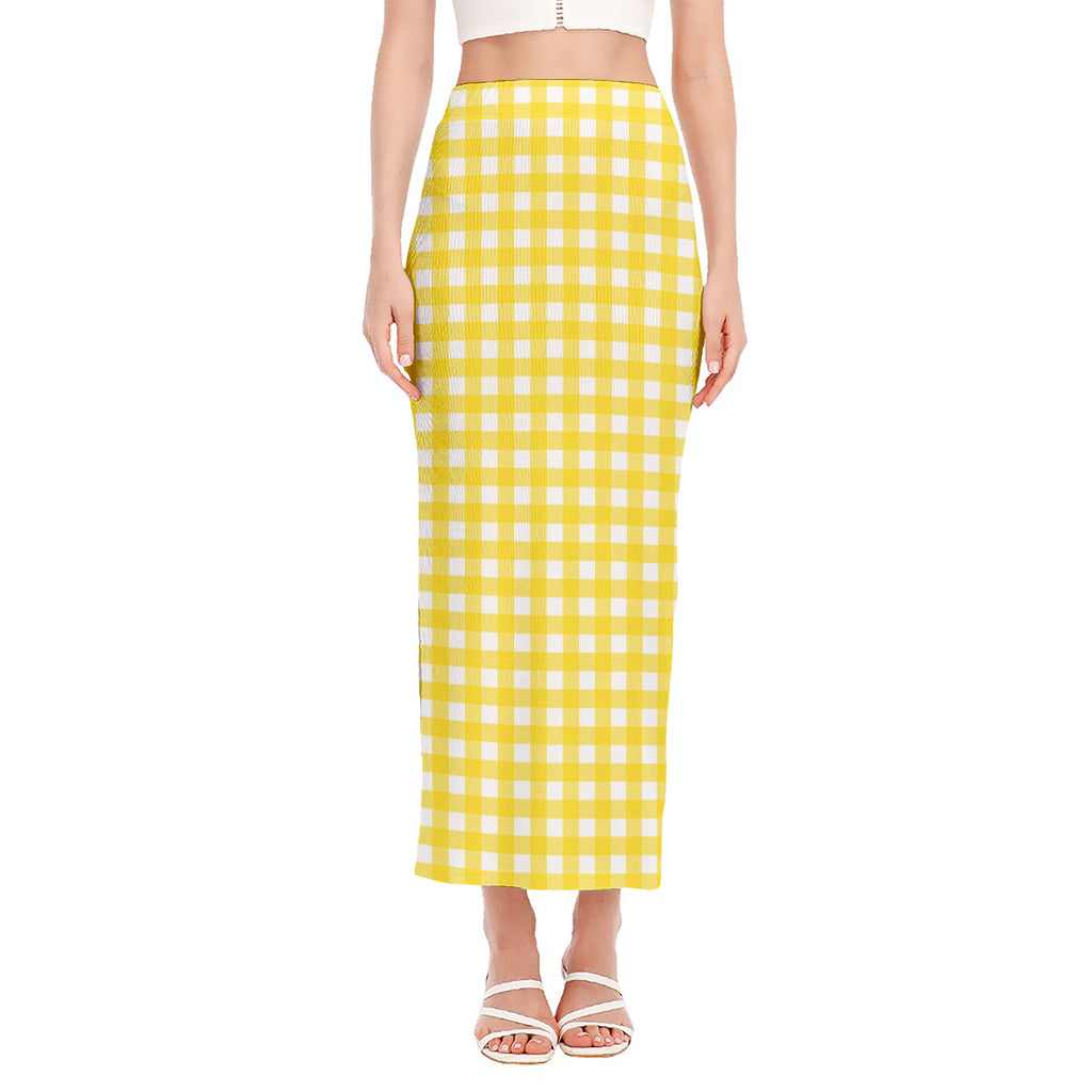 Yellow And White Check Pattern Print Side Slit Maxi Skirt