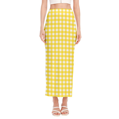 Yellow And White Check Pattern Print Side Slit Maxi Skirt