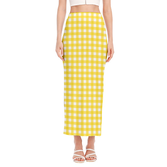 Yellow And White Check Pattern Print Side Slit Maxi Skirt
