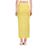 Yellow And White Check Pattern Print Side Slit Maxi Skirt