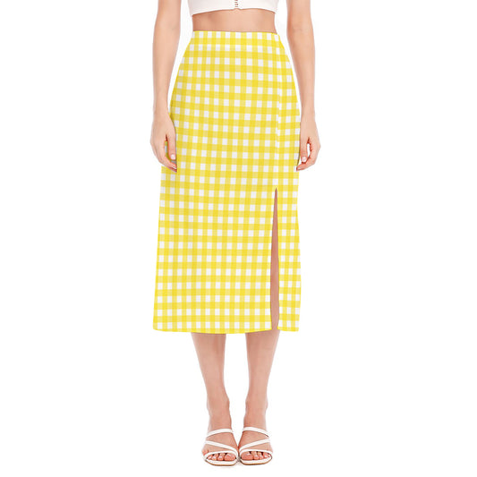 Yellow And White Check Pattern Print Side Slit Midi Skirt