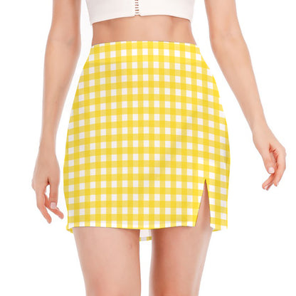 Yellow And White Check Pattern Print Side Slit Mini Skirt