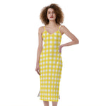 Yellow And White Check Pattern Print Slim Fit Midi Cami Dress