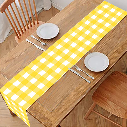 Yellow And White Check Pattern Print Table Runner