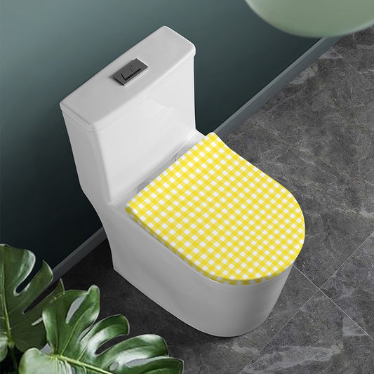 Yellow And White Check Pattern Print Toilet Lid Cover