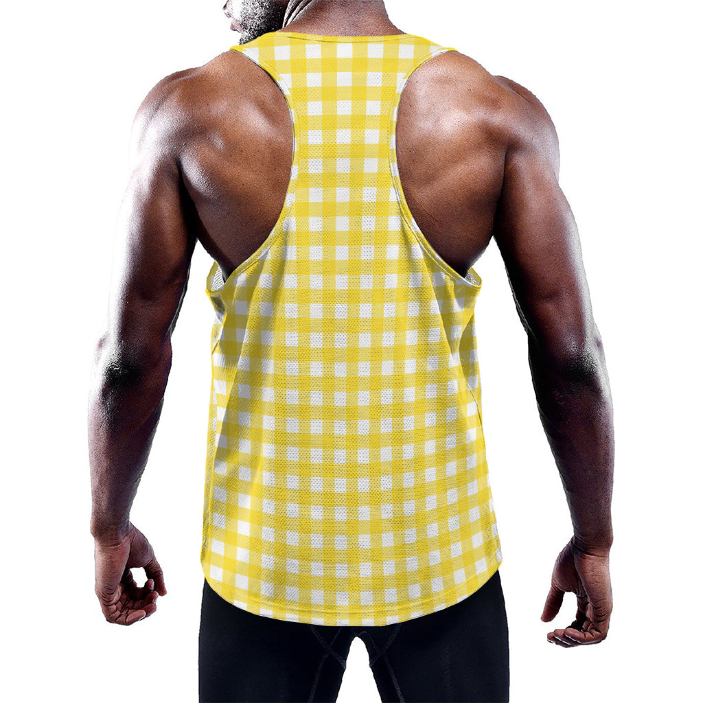 Yellow And White Check Pattern Print Training Tank Top