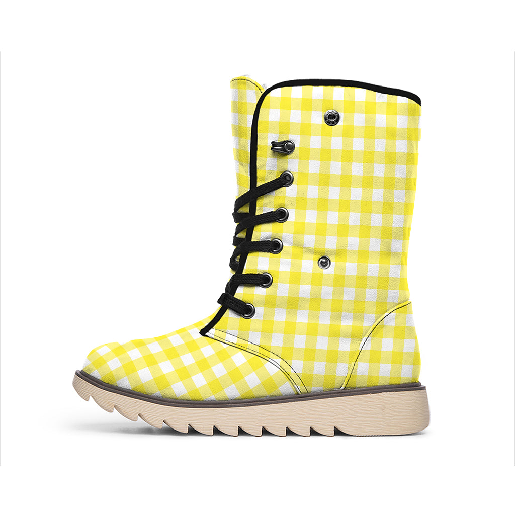 Yellow And White Check Pattern Print Winter Boots