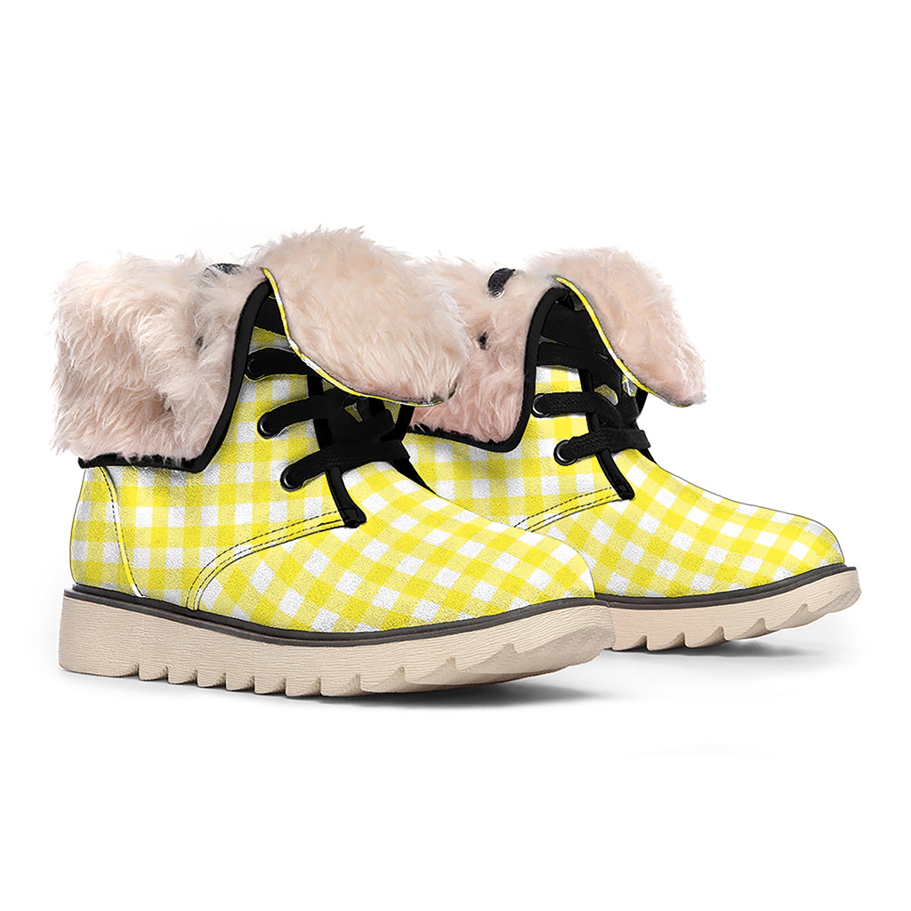 Yellow And White Check Pattern Print Winter Boots