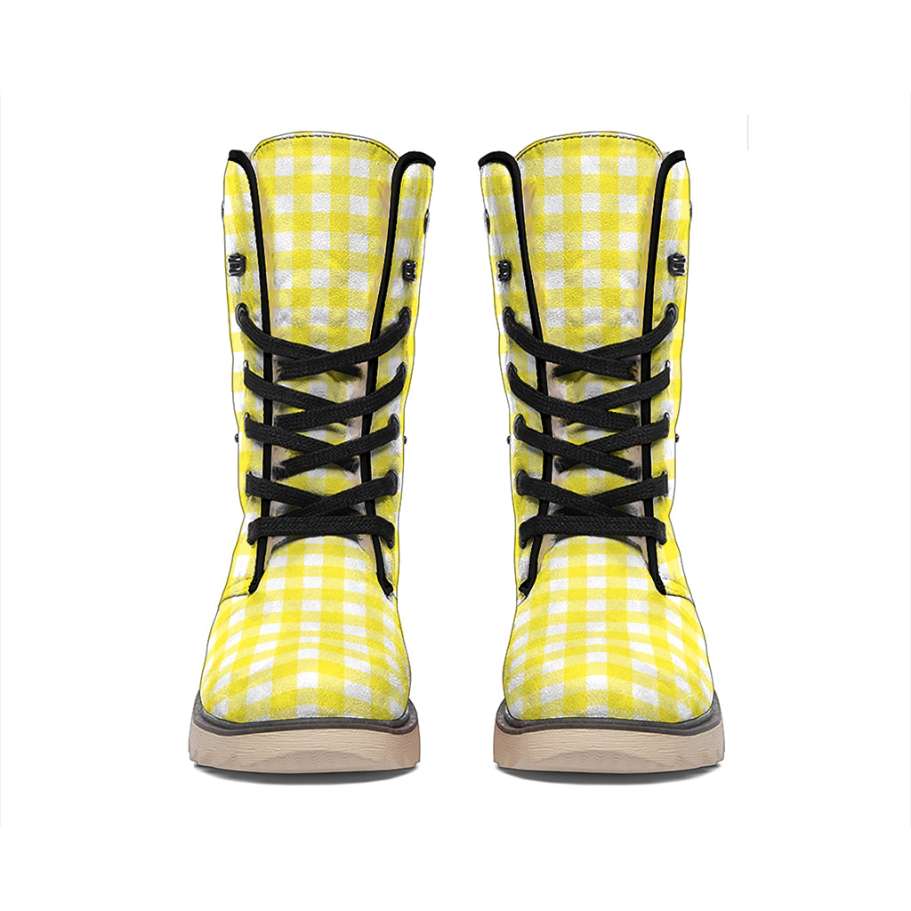 Yellow And White Check Pattern Print Winter Boots