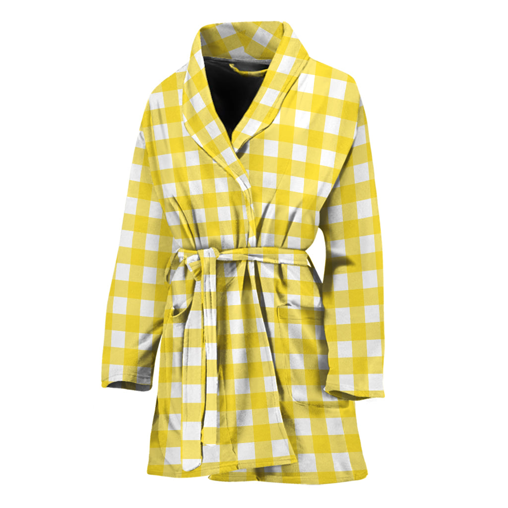 Yellow And White Check Pattern Print Women's Bathrobe