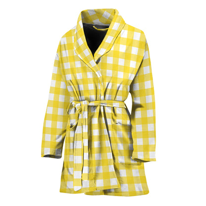 Yellow And White Check Pattern Print Women's Bathrobe
