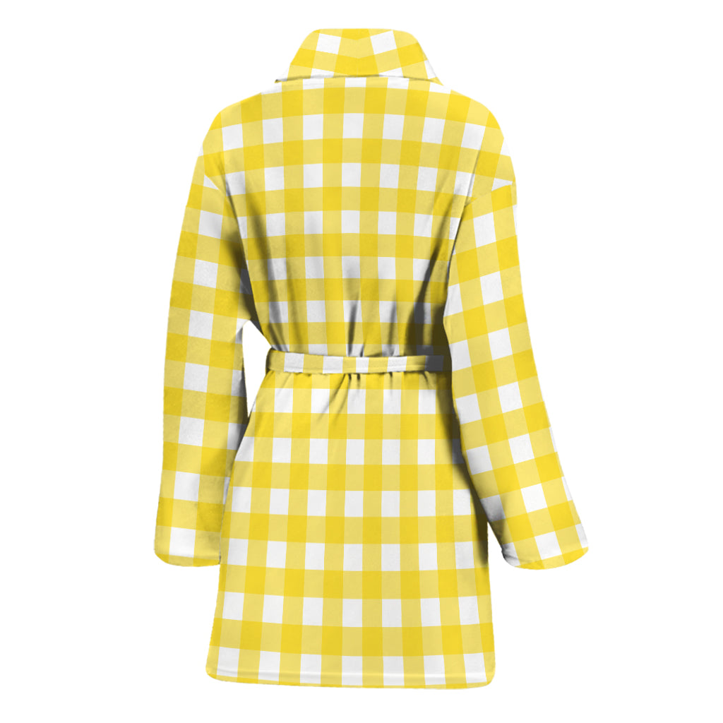 Yellow And White Check Pattern Print Women's Bathrobe