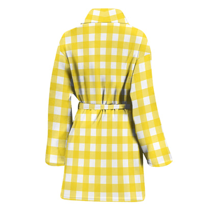 Yellow And White Check Pattern Print Women's Bathrobe