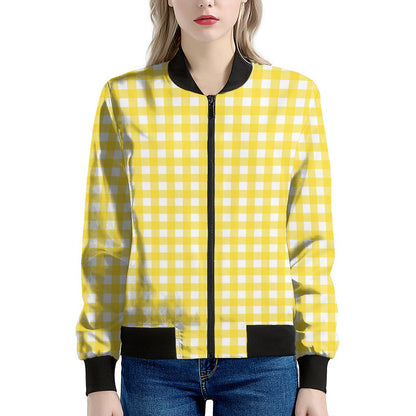 Yellow And White Check Pattern Print Women's Bomber Jacket