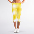 Yellow And White Check Pattern Print Women's Capri Leggings