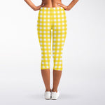 Yellow And White Check Pattern Print Women's Capri Leggings