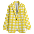Yellow And White Check Pattern Print Women's Cotton Blazer