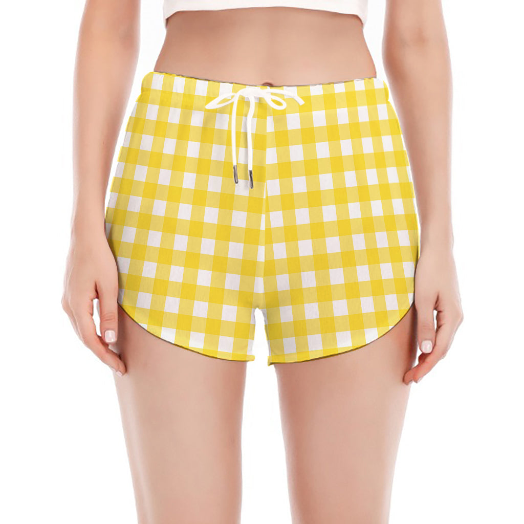 Yellow And White Check Pattern Print Women's Split Running Shorts