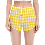 Yellow And White Check Pattern Print Women's Split Running Shorts