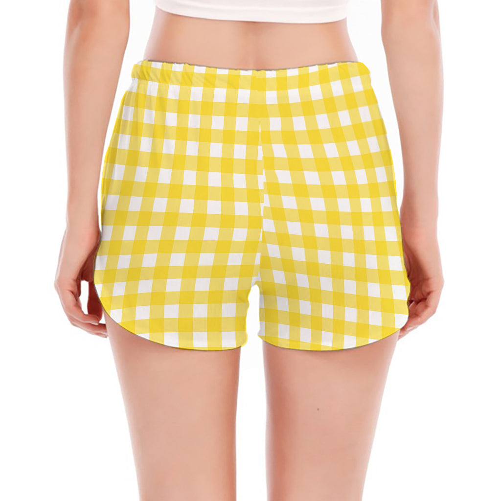 Yellow And White Check Pattern Print Women's Split Running Shorts