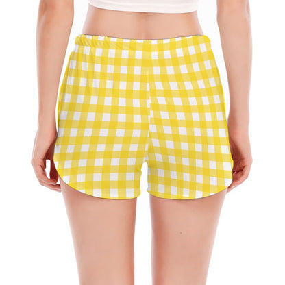 Yellow And White Check Pattern Print Women's Split Running Shorts