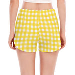 Yellow And White Check Pattern Print Women's Split Running Shorts