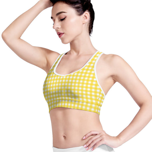Yellow And White Check Pattern Print Women's Sports Bra