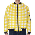 Yellow And White Check Pattern Print Zip Sleeve Bomber Jacket