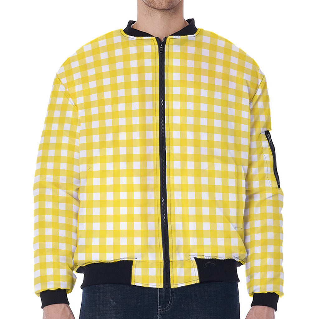 Yellow And White Check Pattern Print Zip Sleeve Bomber Jacket