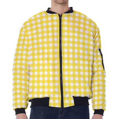 Yellow And White Check Pattern Print Zip Sleeve Bomber Jacket