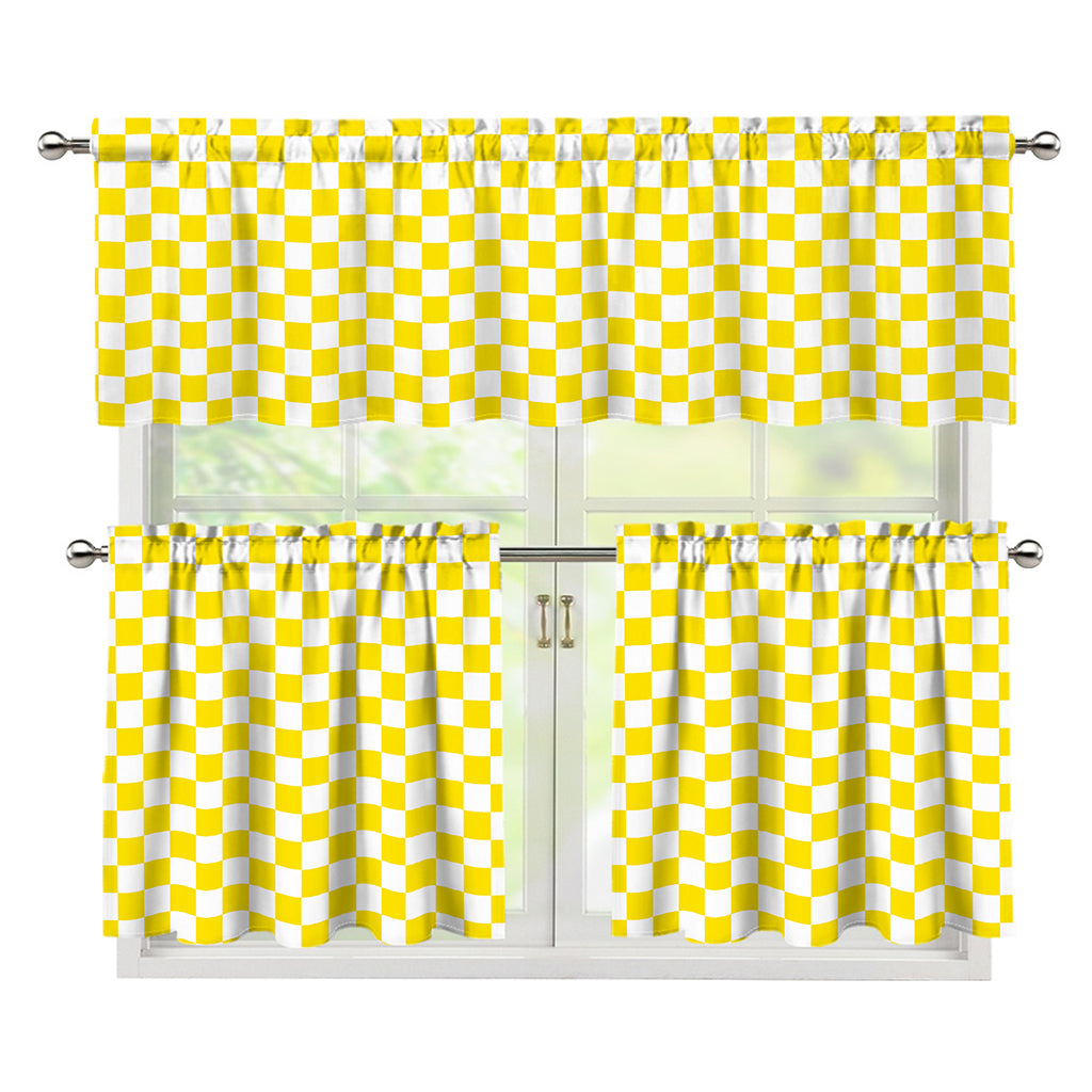 Yellow And White Checkered Pattern Print 3 Piece Kitchen Curtains
