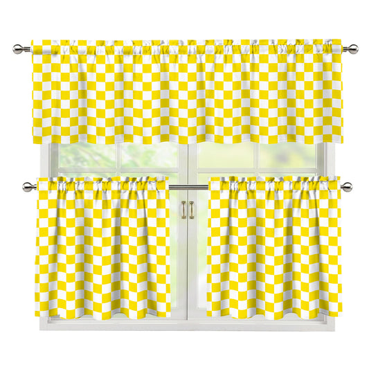 Yellow And White Checkered Pattern Print 3 Piece Kitchen Curtains