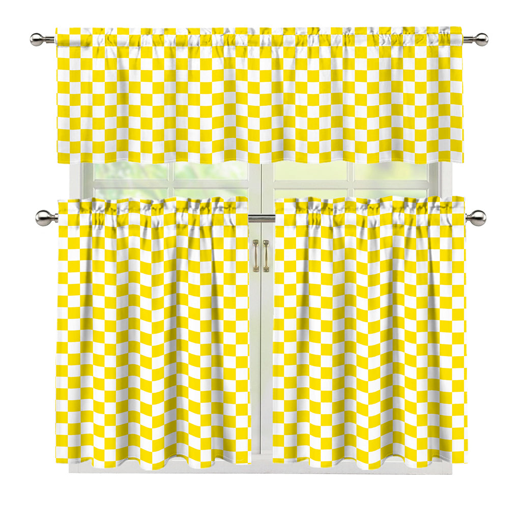 Yellow And White Checkered Pattern Print 3 Piece Kitchen Curtains