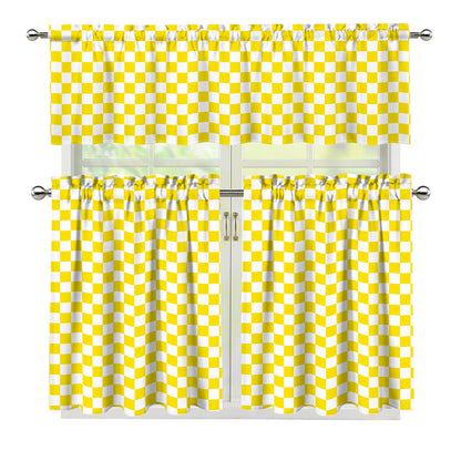 Yellow And White Checkered Pattern Print 3 Piece Kitchen Curtains