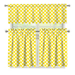 Yellow And White Checkered Pattern Print 3 Piece Kitchen Curtains