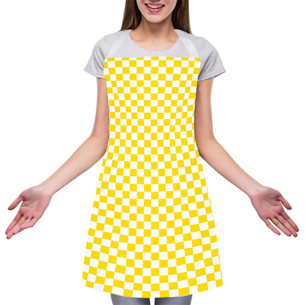 Yellow And White Checkered Pattern Print Adjustable Apron