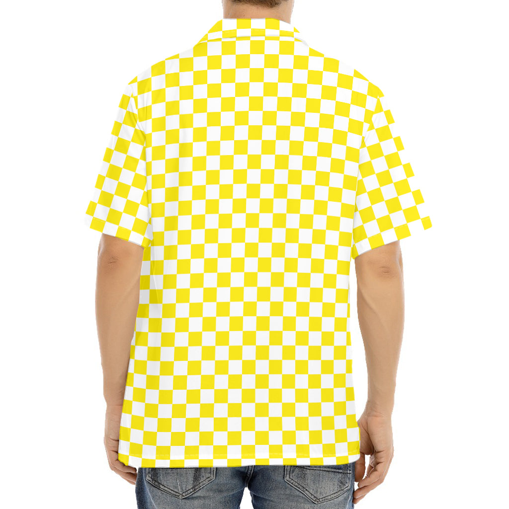 Yellow And White Checkered Pattern Print Aloha Shirt