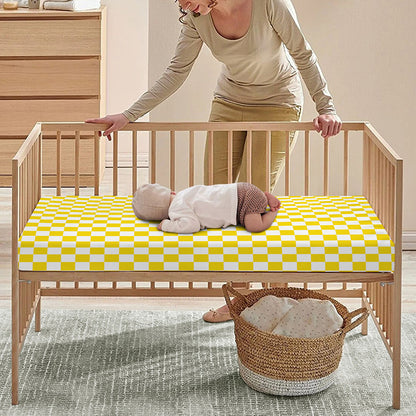 Yellow And White Checkered Pattern Print Baby Crib Sheet