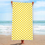 Yellow And White Checkered Pattern Print Beach Towel
