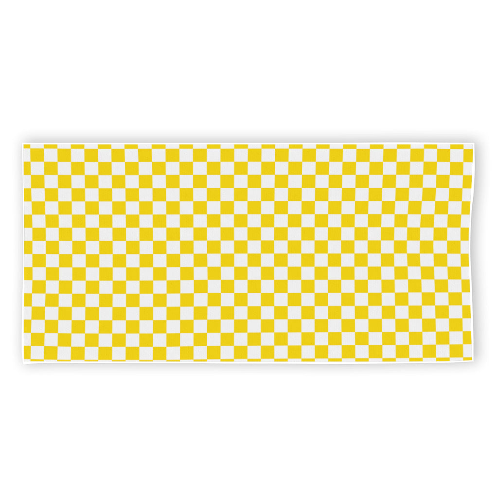 Yellow And White Checkered Pattern Print Beach Towel