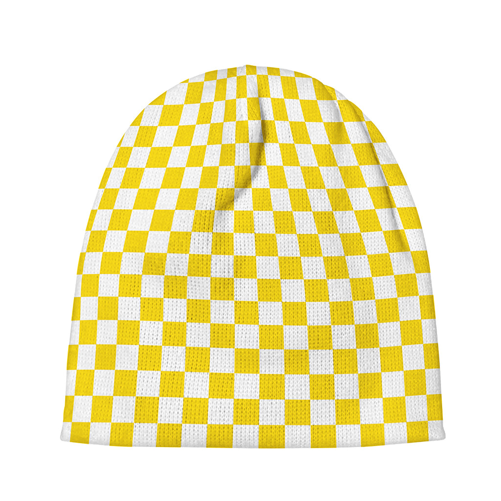 Yellow And White Checkered Pattern Print Beanie