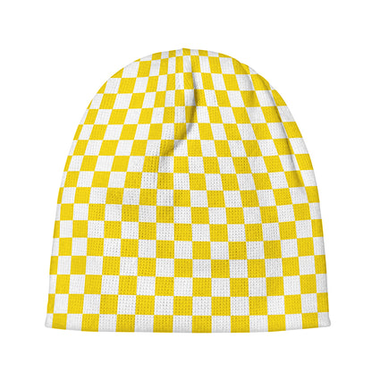 Yellow And White Checkered Pattern Print Beanie