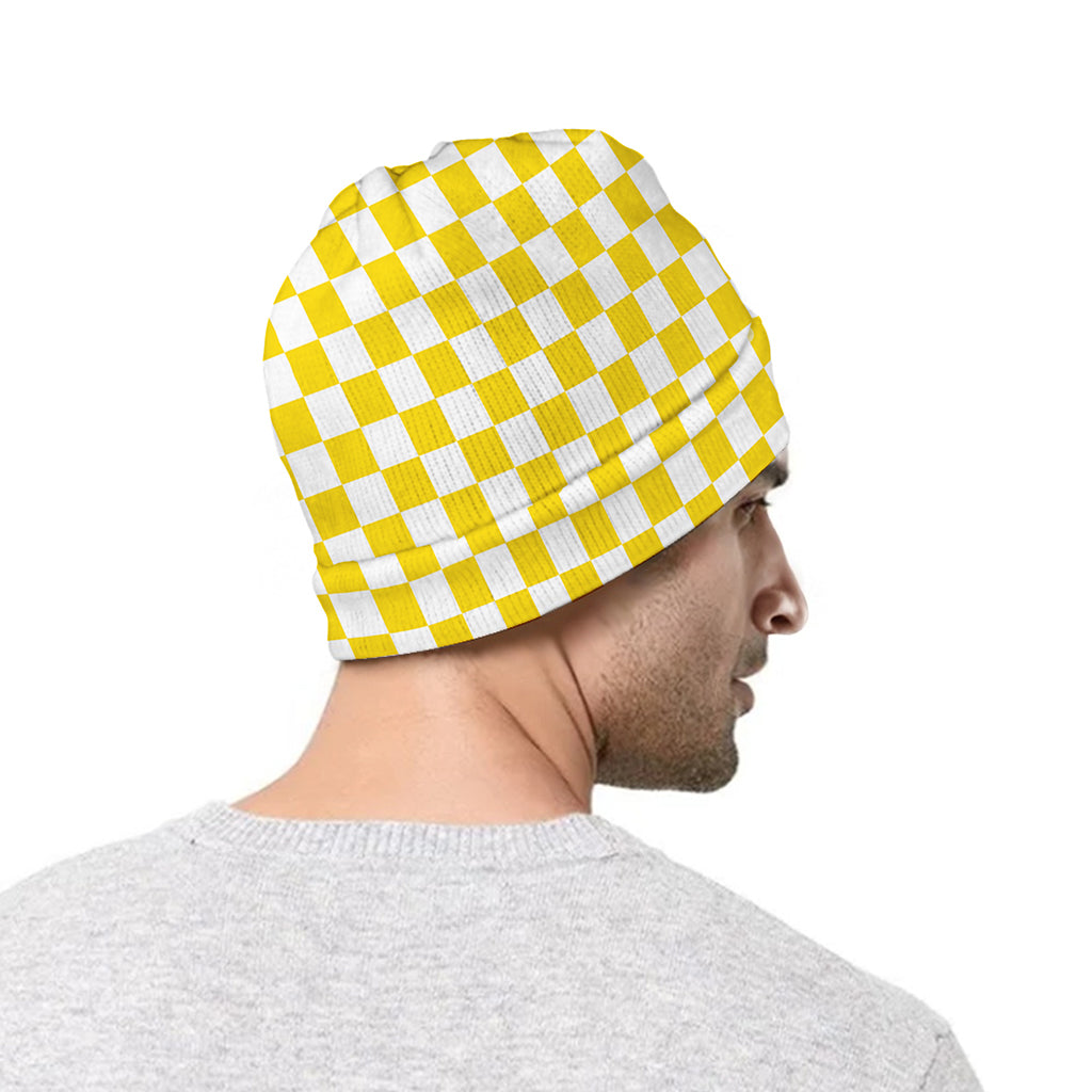 Yellow And White Checkered Pattern Print Beanie