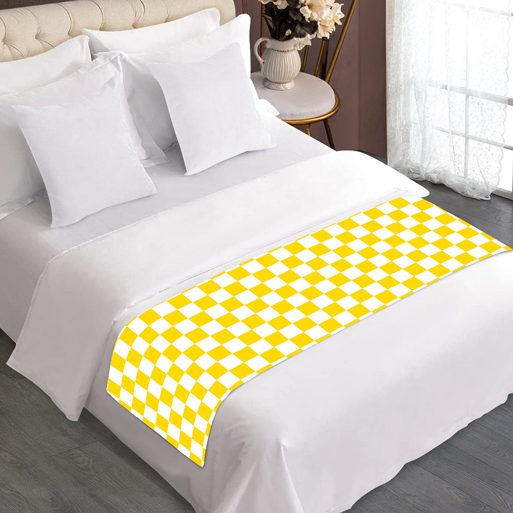 Yellow And White Checkered Pattern Print Bed Runner