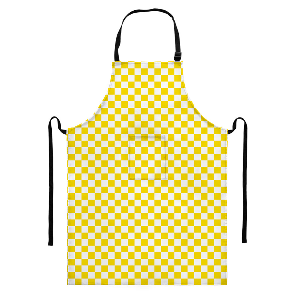Yellow And White Checkered Pattern Print Bib Apron With Pocket