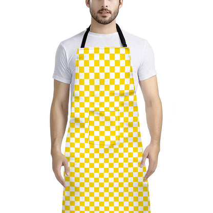 Yellow And White Checkered Pattern Print Bib Apron With Pocket
