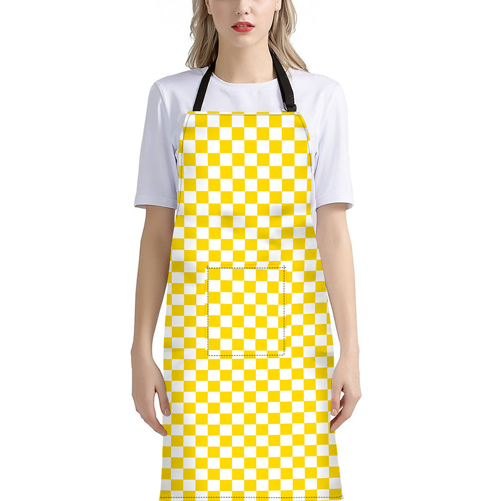 Yellow And White Checkered Pattern Print Bib Apron With Pocket