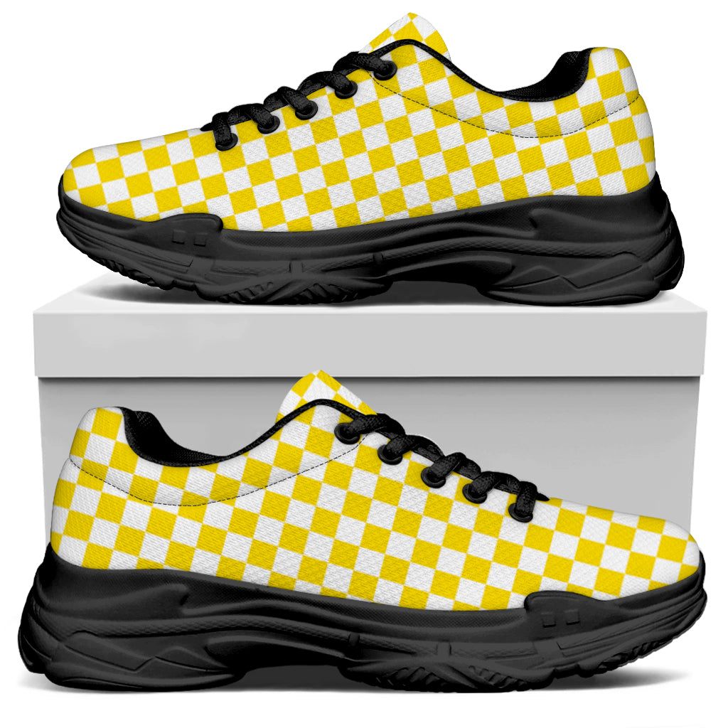Yellow And White Checkered Pattern Print Black Chunky Shoes