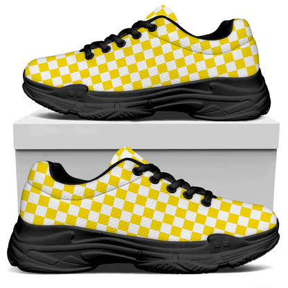 Yellow And White Checkered Pattern Print Black Chunky Shoes