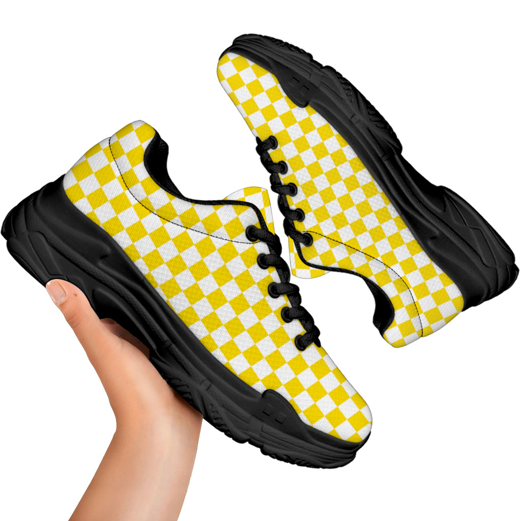 Yellow And White Checkered Pattern Print Black Chunky Shoes